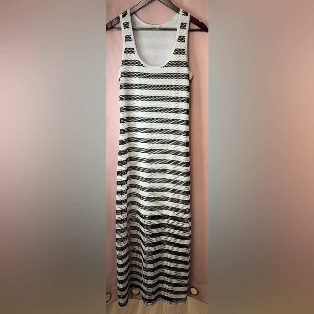 Chic black & white striped mesh maxi dress